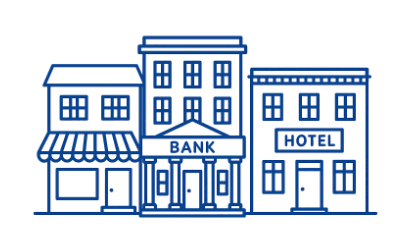 City buildings and bank