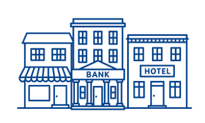 City buildings and bank